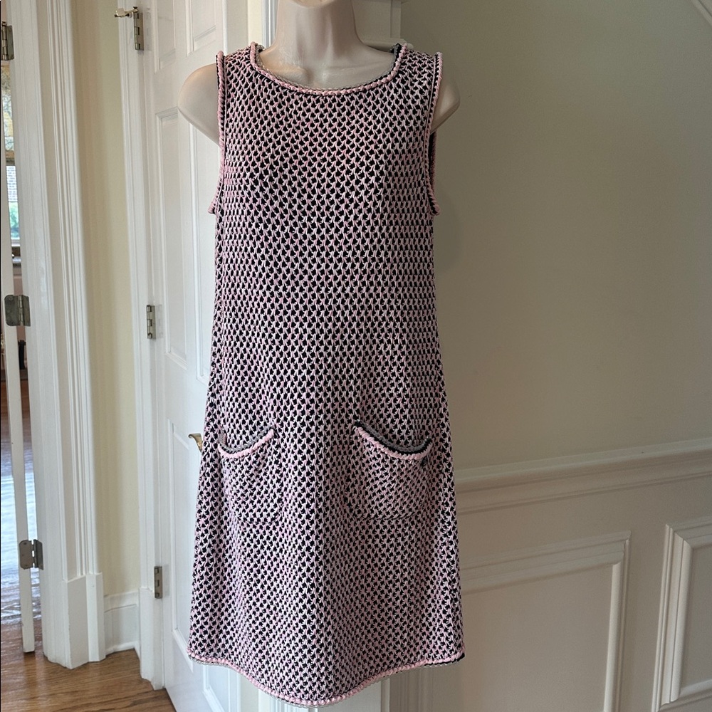 Chanel 2017 Pink, Black, & White Silk Knit Sleeveless Dress